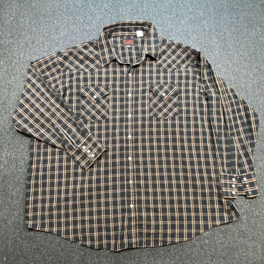 Plains Western Mens 3X Black Brown Plaid Pearl‎ Snap Long Sleeve Shirt